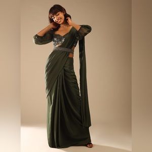 Kalki Olive Green Pre-stitched saree with blouse and belt set